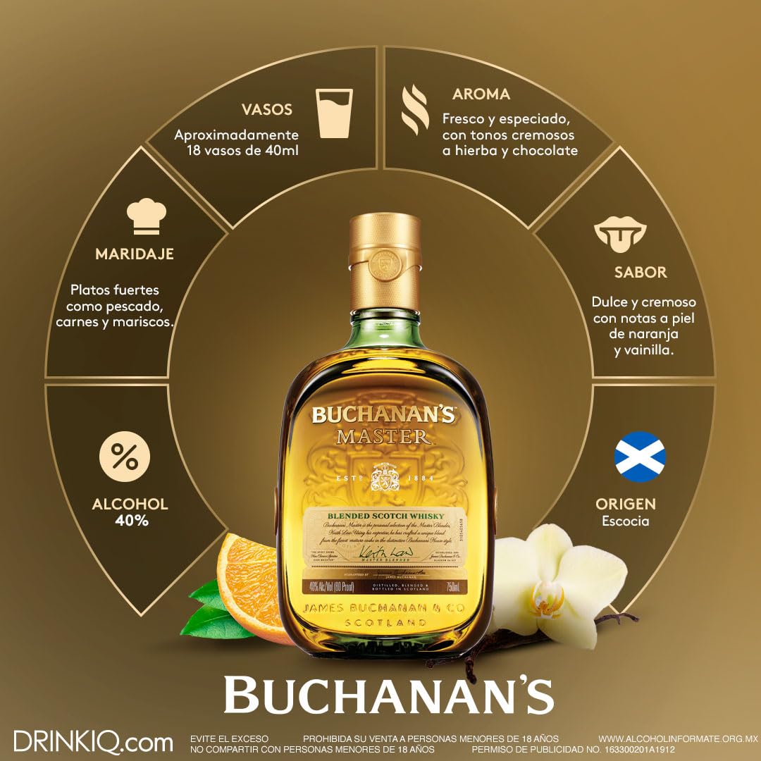 Buchanan's, Master 750ml, Whisky Escocés, Añejado 15 Años, Dulce y Cremoso, Aroma Fresco y Especiado