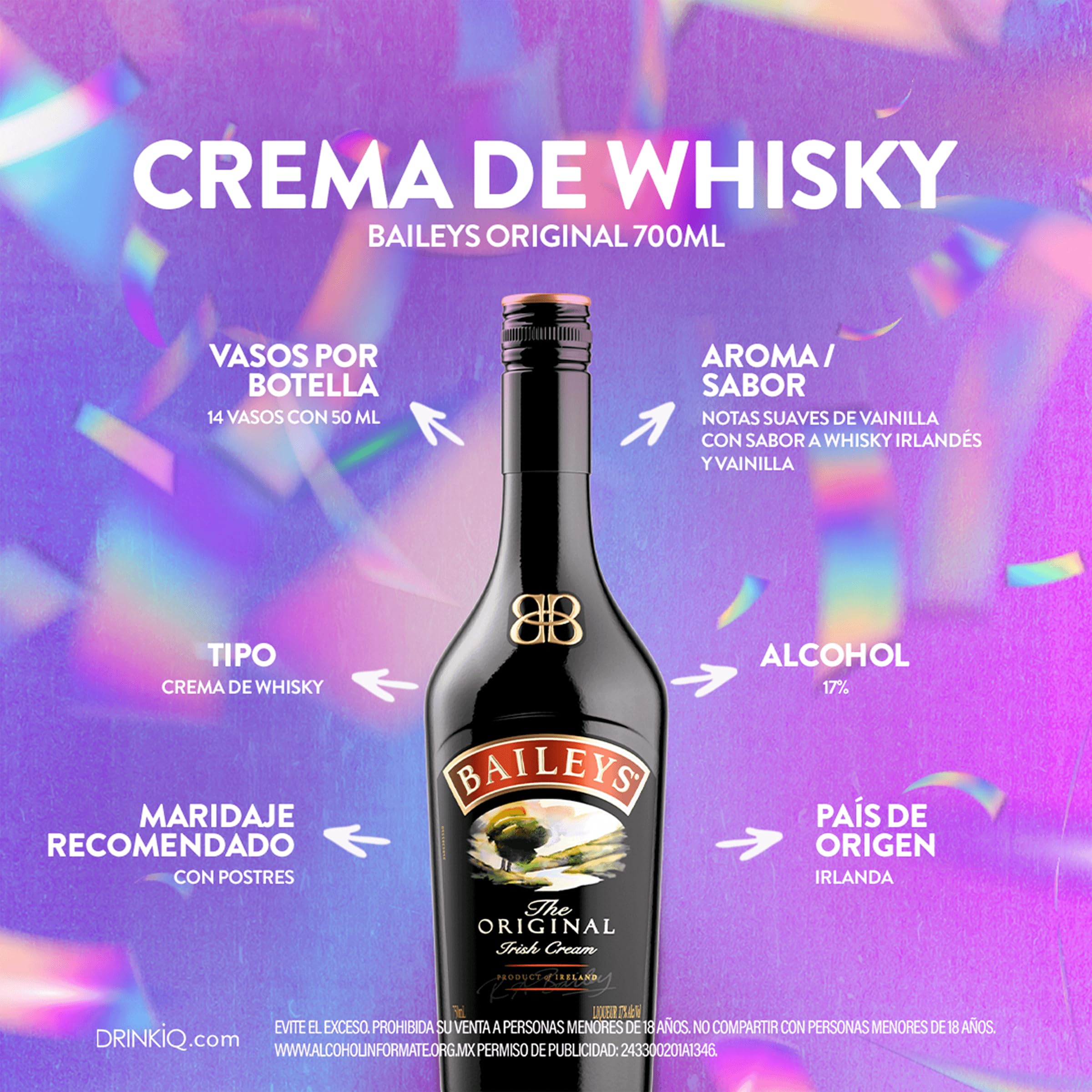 Baileys, Original 700 ml, Crema de Whisky, Cremosa, Suave y Dulce, con Vainilla y Chocolate, Irlanda