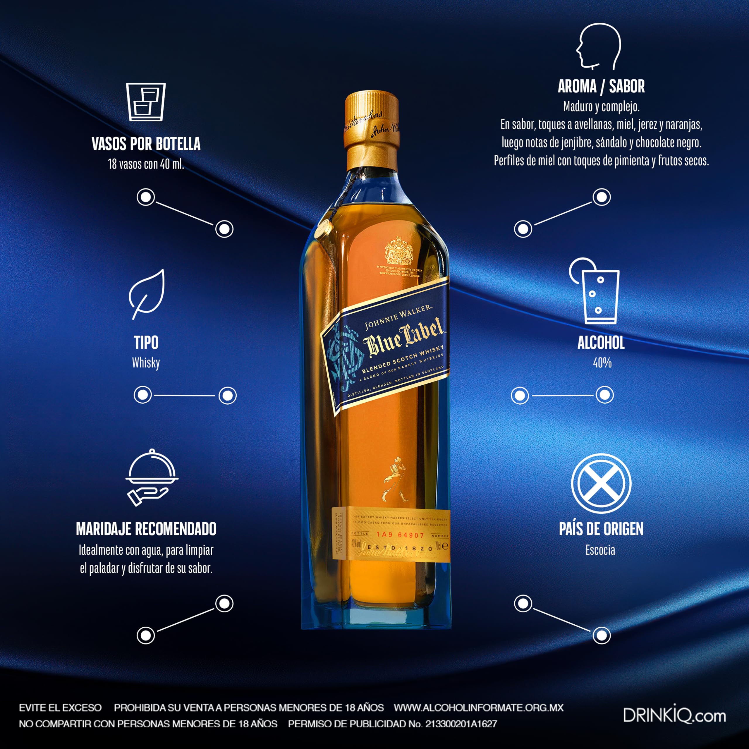 Johnnie Walker, Blue Label, 750 ml, Whisky Blended Scotch, Sabor Poderoso y Persistente, Balanceado